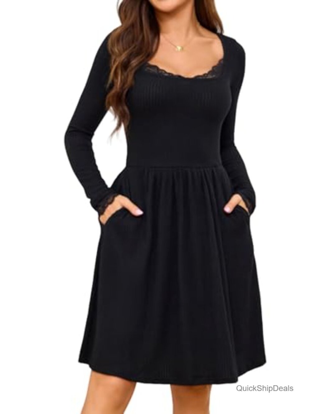 Women Long Sleeve Lace Trim Sweater Dress Empire Waist A-Line with Pockets